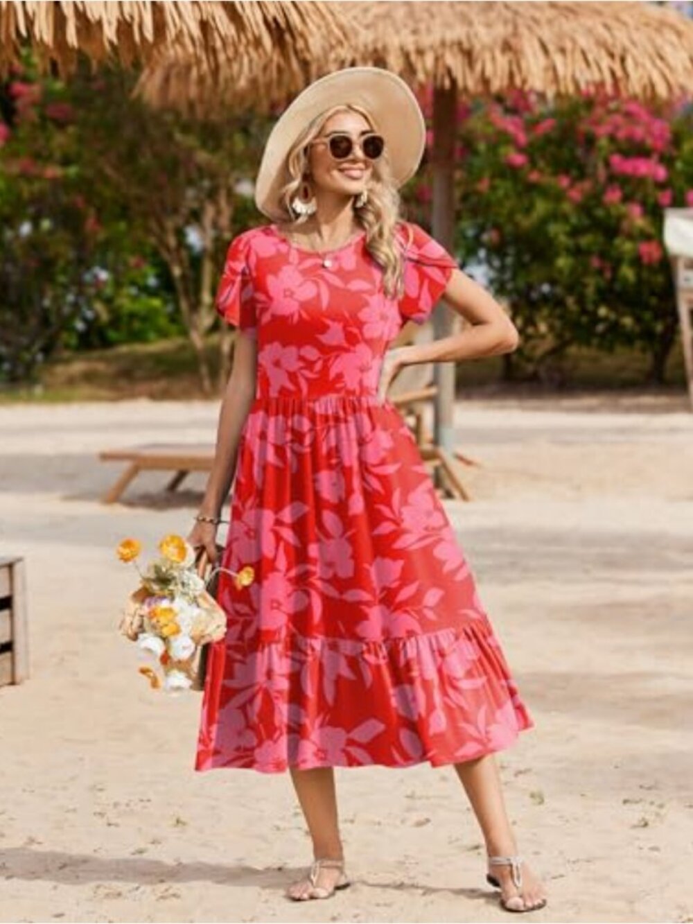 ZEAGOO Flowy Tiered Midi A Line Dress with Pockets, Casual Summer Beach Sundress - Picture 4 of 5